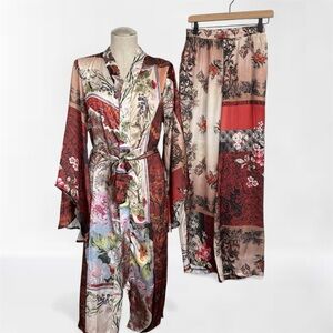 Boho Long Sleeve Kimono & Wide Leg Pants Multi Print 2pc. Set